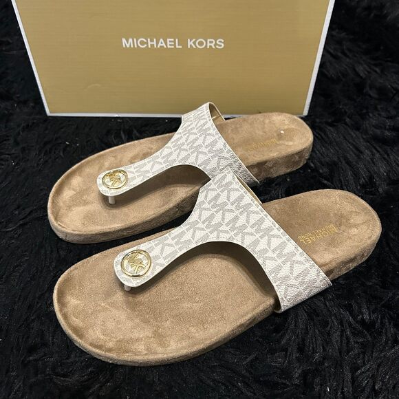 MICHAEL KORS logo print gold gizeh thong sandals shoes women's 8.5 new in box - Picture 1 of 8